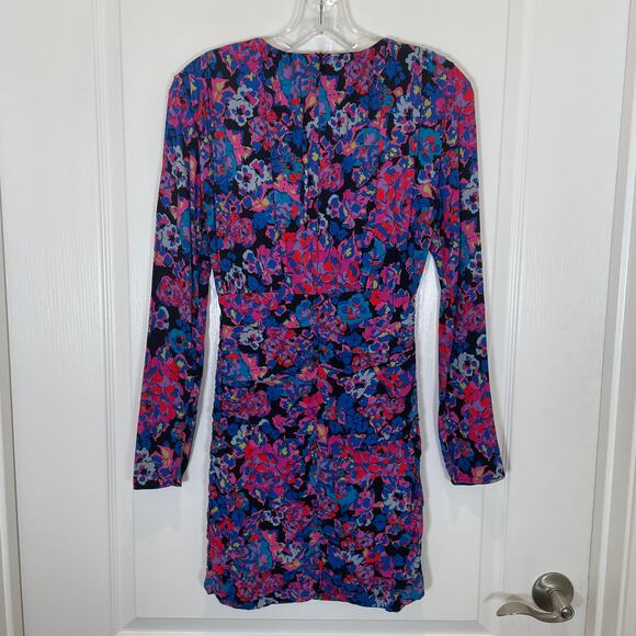 Zara Long Sleeve Mini Dress Floral Print Ruched Cutout Blue Purple Pink XS - Picture 7 of 7